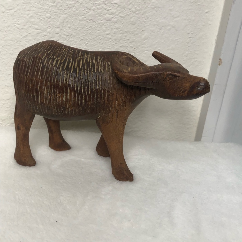 Vintage Hand Carved Wooden Water Buffalo Folk Art Statue Figure